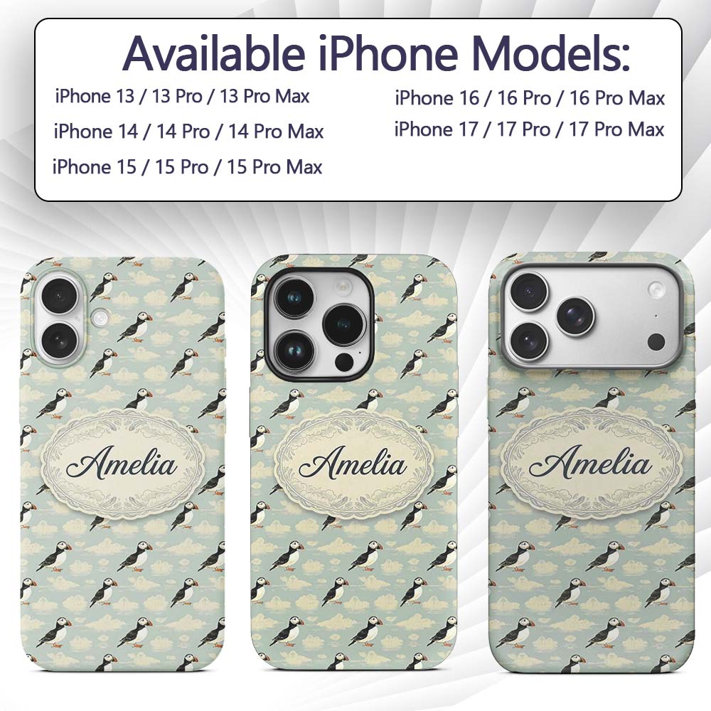 Cute Puffin Birds with Soft Cloud Background Custom Name Protective Phone Case Mobile Cover Durable Everyday Smartphone Shock Resistant