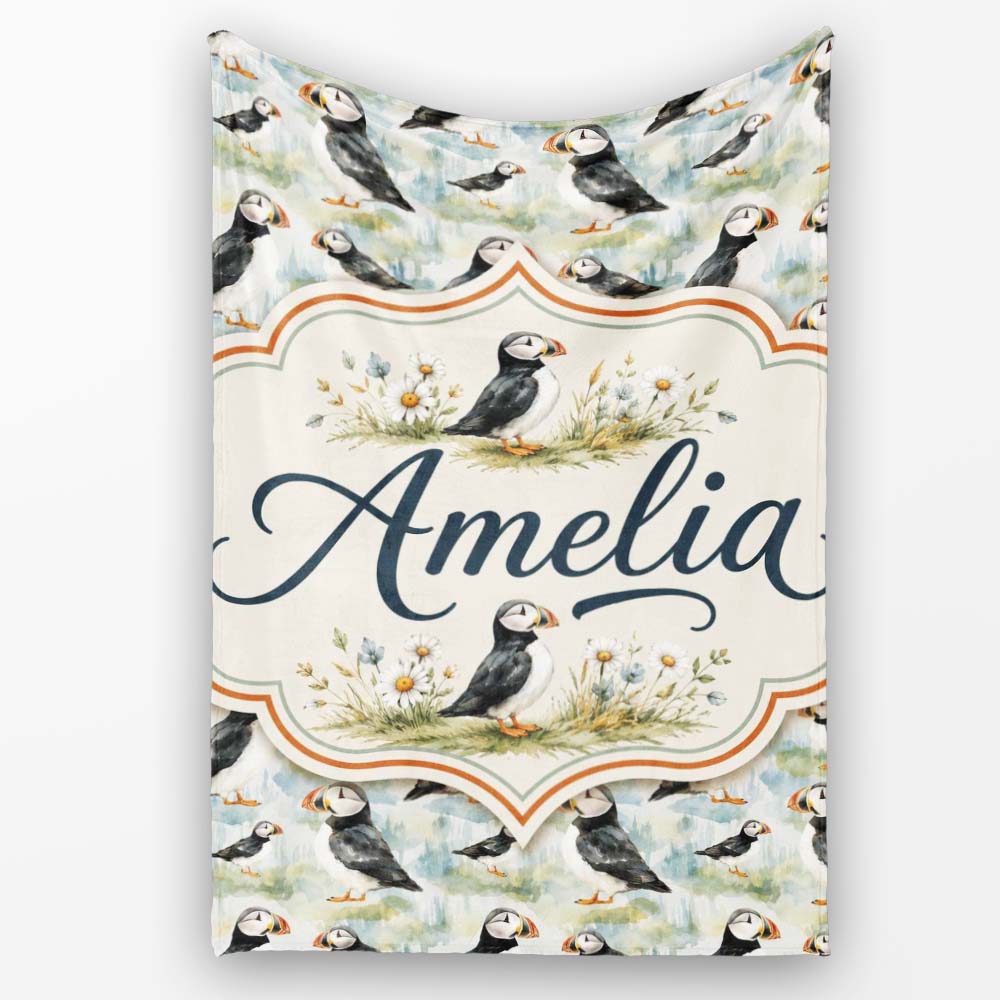 Cute Puffin Birds Watercolor Seamless Pattern Coastal Nature Lovely Personalised Custom Name Super Soft Fleece Blanket Bed Sofa Throw