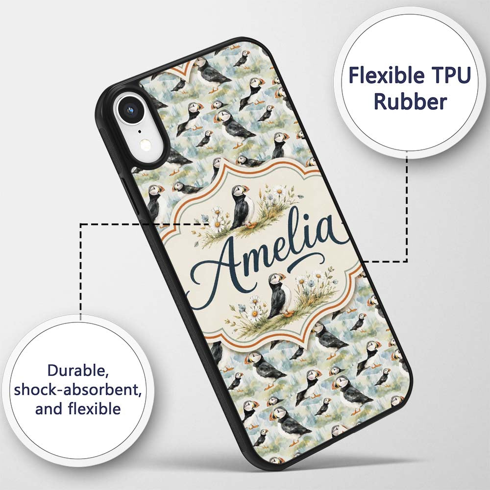 Cute Puffin Birds Watercolor Seamless Pattern Custom Name Protective Phone Case Mobile Cover Durable Everyday Smartphone Shock Resistant