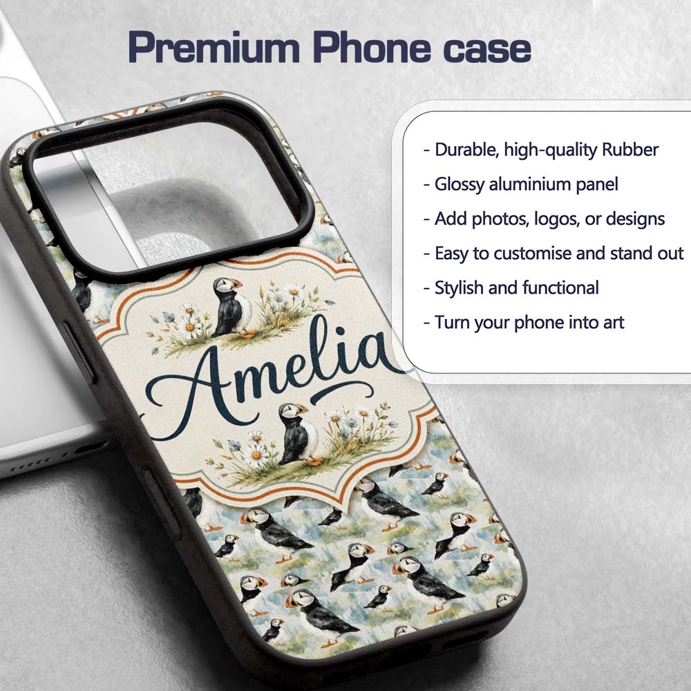Cute Puffin Birds Watercolor Seamless Pattern Custom Name Protective Phone Case Mobile Cover Durable Everyday Smartphone Shock Resistant