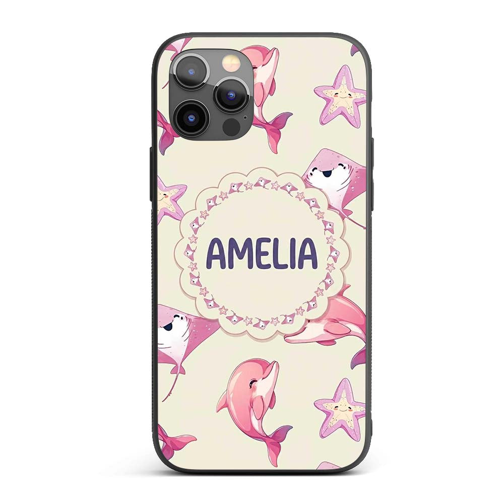 Cute Pink Dolphins and Starfish Seamless Ocean Custom Name Protective Phone Case Mobile Cover Durable Everyday Smartphone Shock Resistant