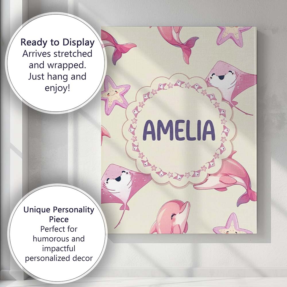 Personalised Name Cute Pink Dolphins and Custom Unique Gift Idea Elegant Feature Canvas Wall Art Print Decor Picture Ready to Hang