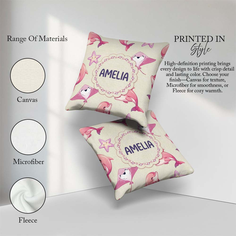Custom Name Pink Dolphins and Starfish Seamless Ocean Soft Beige Square Filled Cushion Throw Pillow Sofa Bed Home Decor Zip Washable UK Made