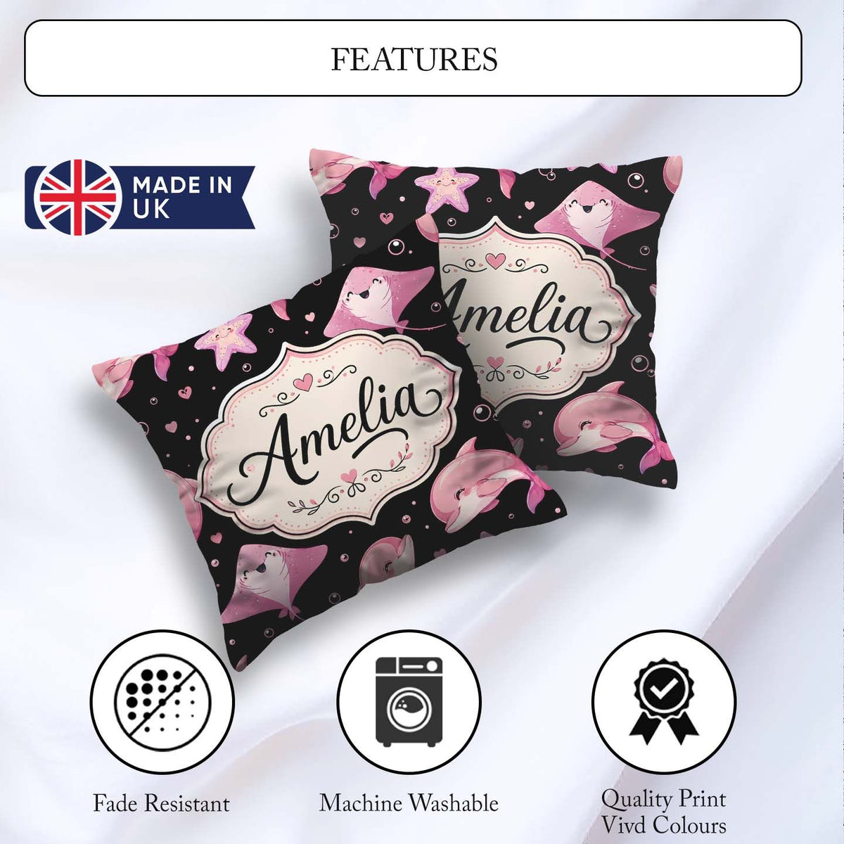 Custom Name Cute Pink Dolphins and Starfish Seamless Ocean Black Square Filled Cushion Throw Pillow Sofa Bed Home Decor Zip Washable UK Made