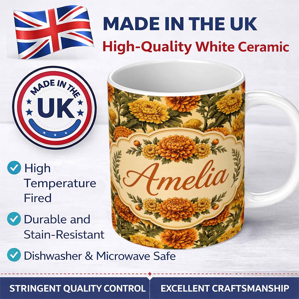 Personalized Custom Name Soft Beige Orange Chrysanthemum Floral Seamless Pattern Elegant 11oz Ceramic Coffee Tea Mug White Large Handle
