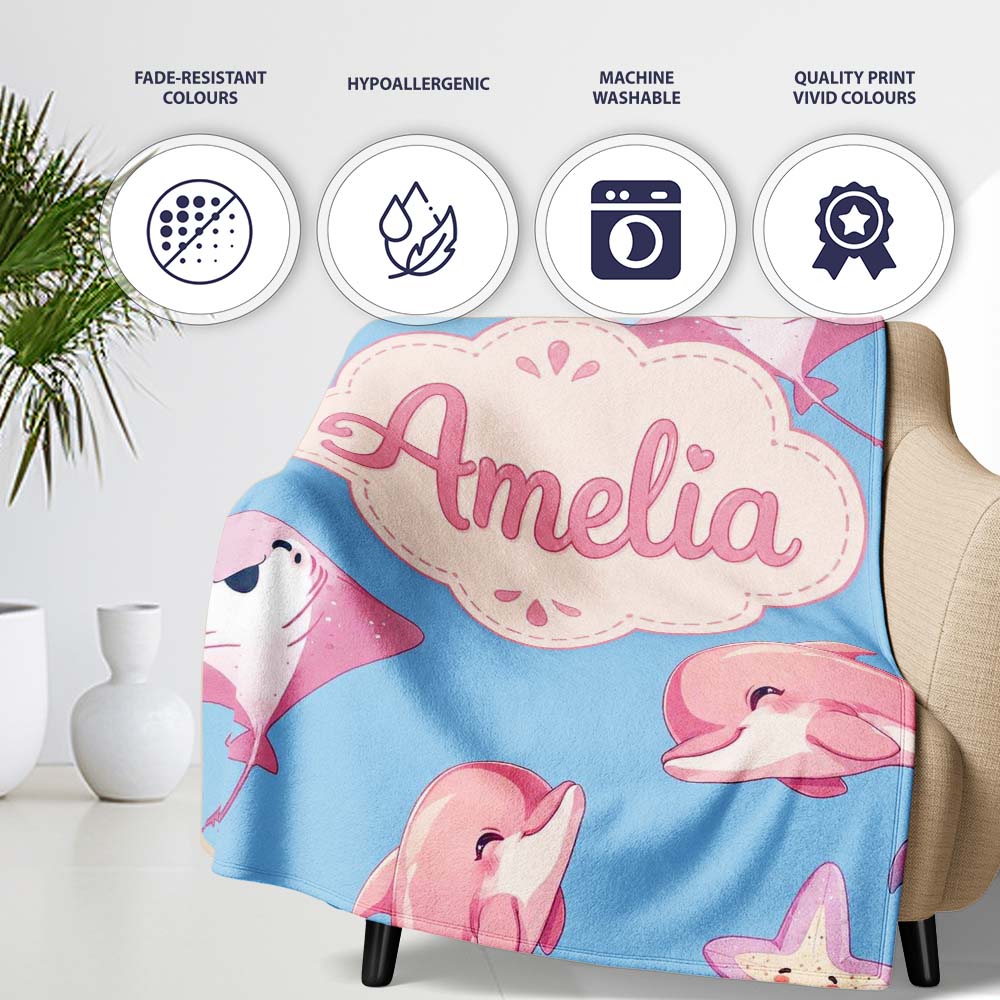Cute Pink Dolphins and Starfish Seamless Ocean Pattern Soft Blue Personalised Custom Name Super Soft Fleece Blanket Bed Sofa Throw