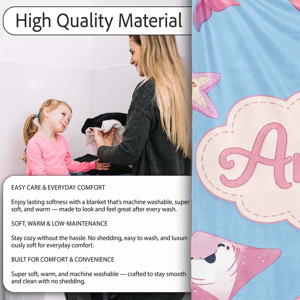 Cute Pink Dolphins and Starfish Seamless Ocean Pattern Soft Blue Personalised Custom Name Super Soft Fleece Blanket Bed Sofa Throw