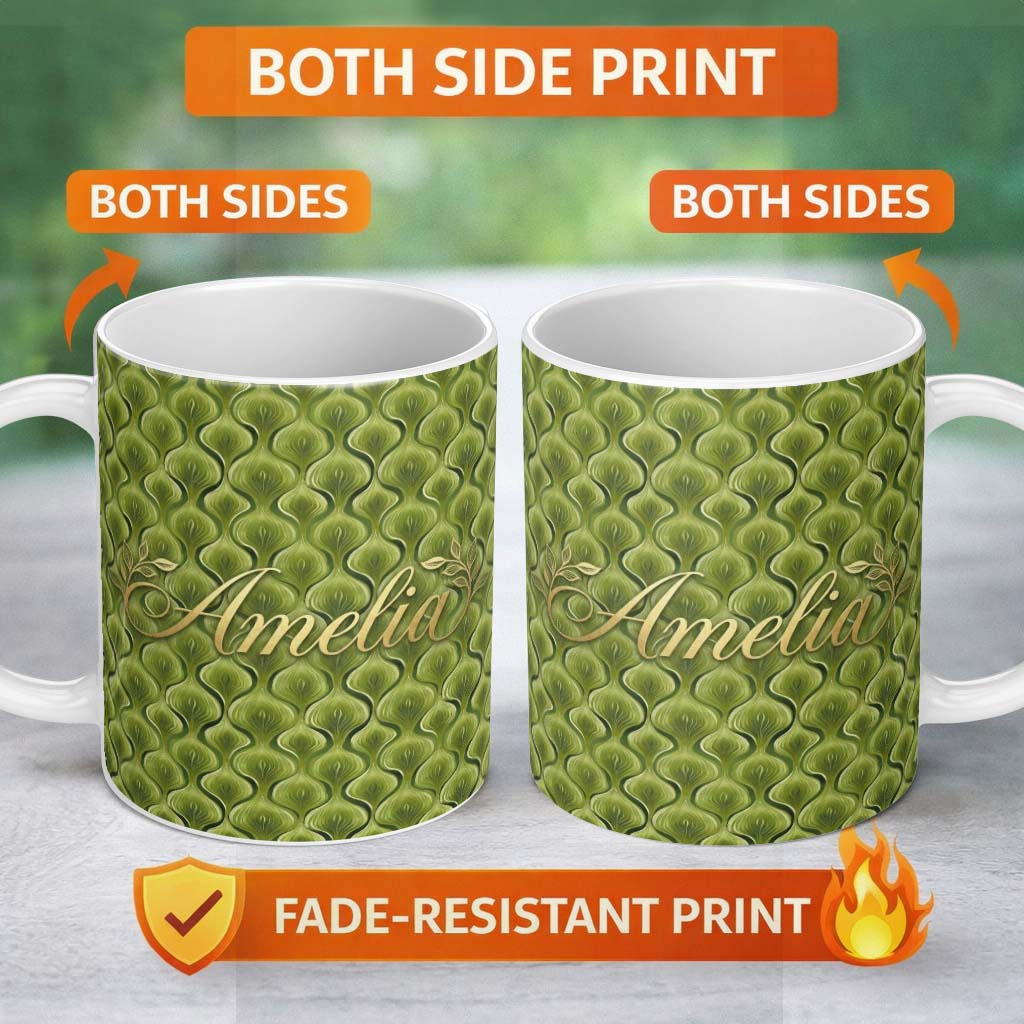 Personalized Custom Name Classic Olive Green Ornamental Motif Seamless Pattern on Cream 11oz Ceramic Coffee Tea Mug White Large Handle