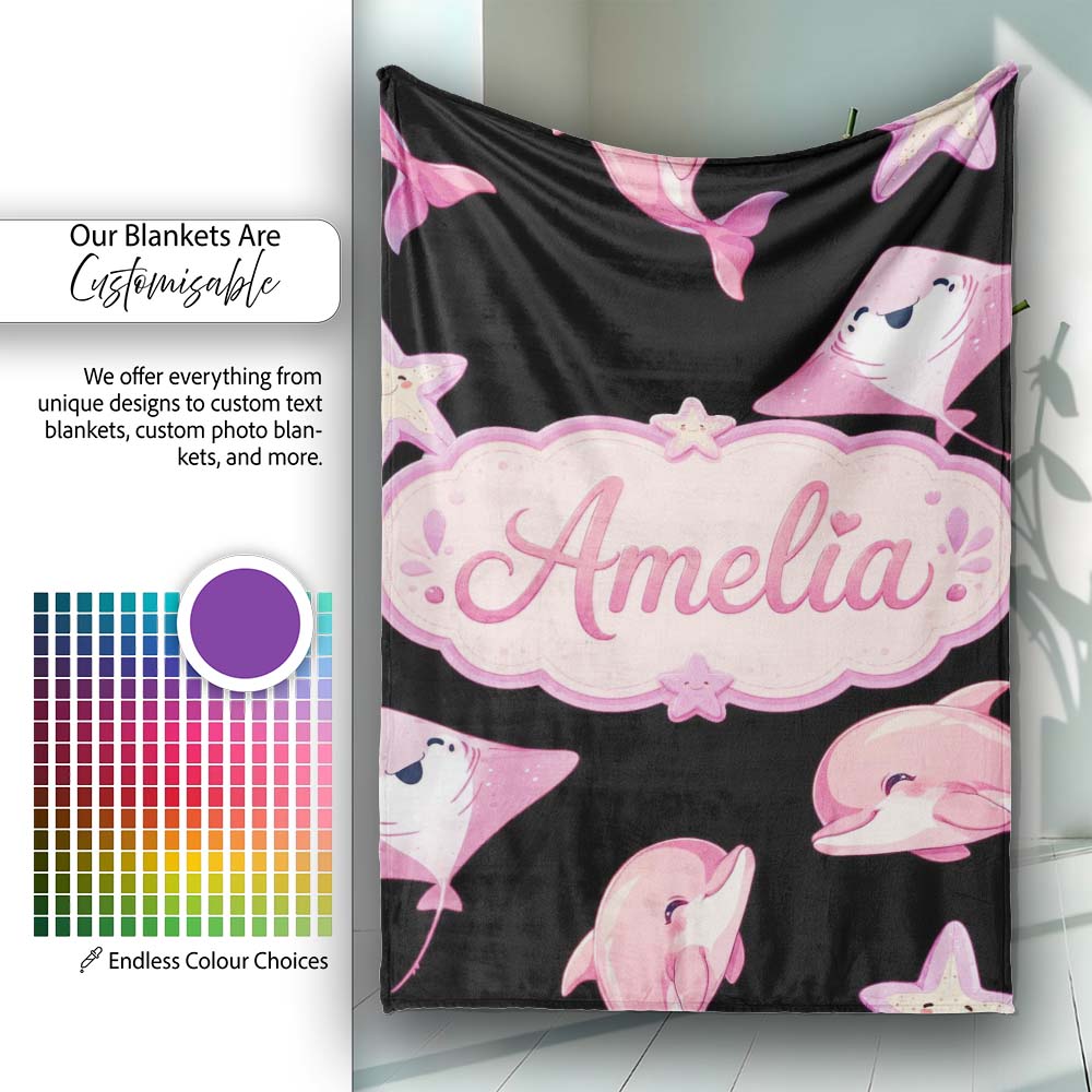 Cute Pink Dolphins and Starfish Seamless Ocean Light Grey Background Personalised Custom Name Super Soft Fleece Blanket Bed Sofa Throw