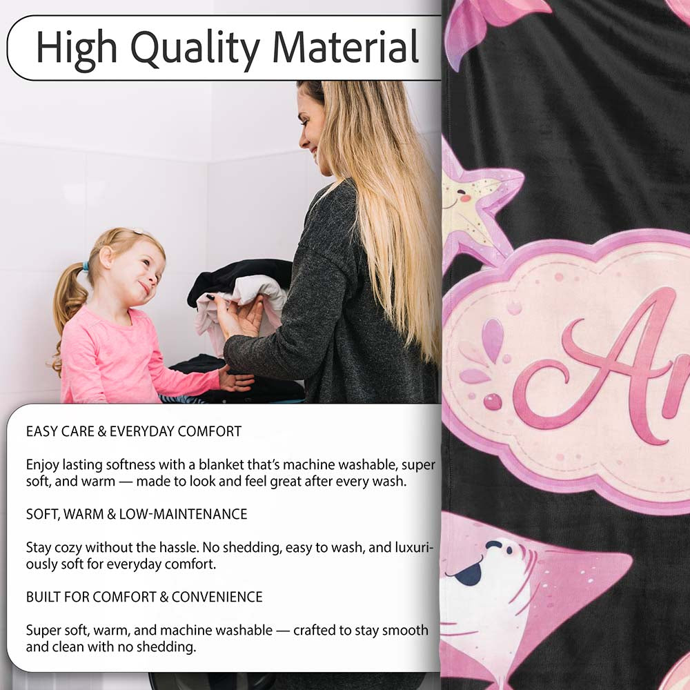 Cute Pink Dolphins and Starfish Seamless Ocean Light Grey Background Personalised Custom Name Super Soft Fleece Blanket Bed Sofa Throw