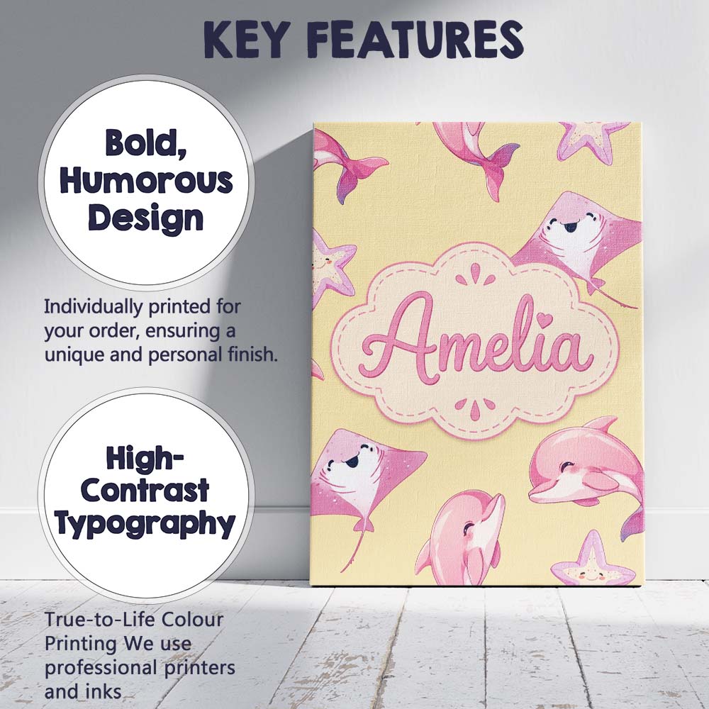 Personalised Name Cute Pink Dolphins and Custom Unique Gift Idea Elegant Feature Canvas Wall Art Print Decor Picture Ready to Hang