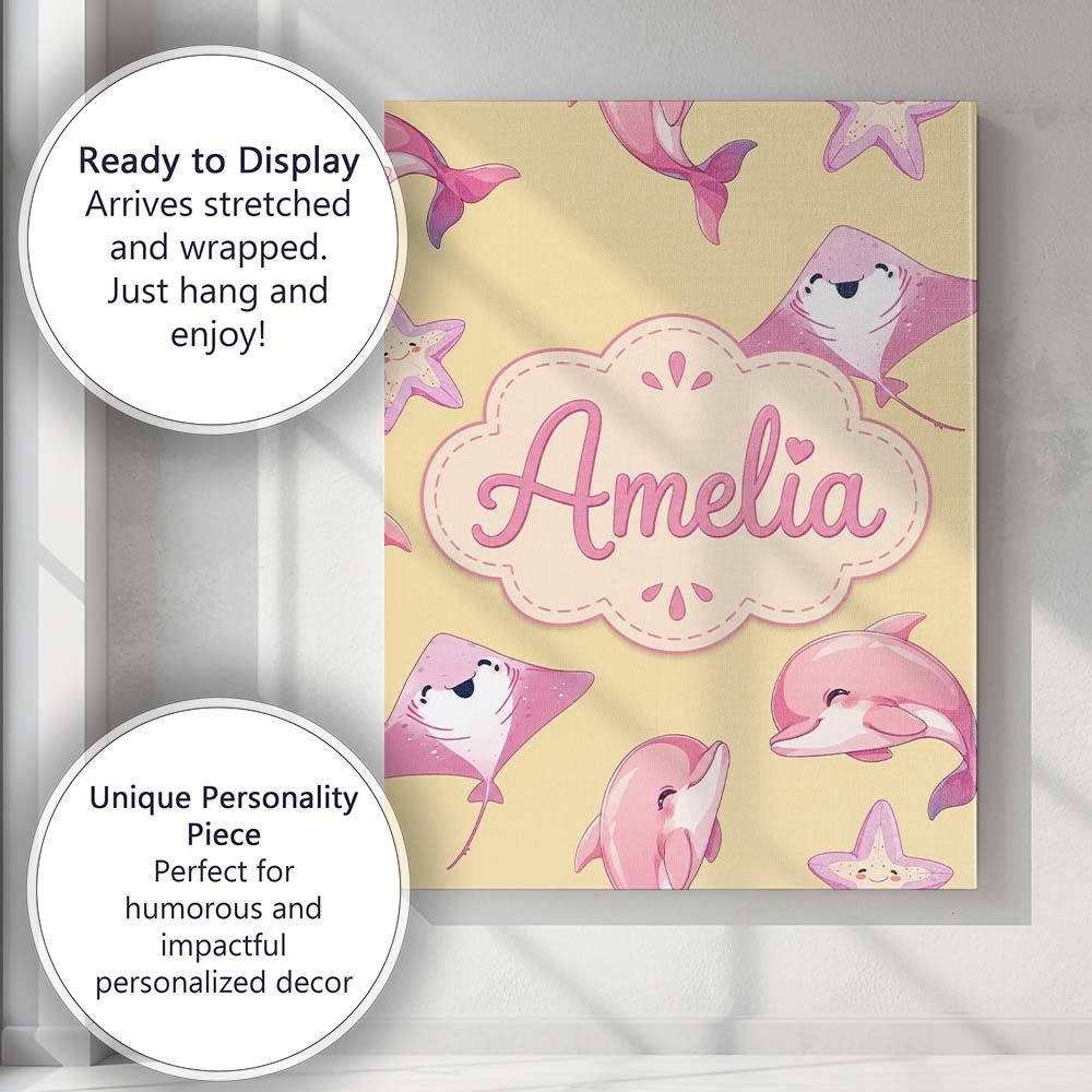 Personalised Name Cute Pink Dolphins and Custom Unique Gift Idea Elegant Feature Canvas Wall Art Print Decor Picture Ready to Hang