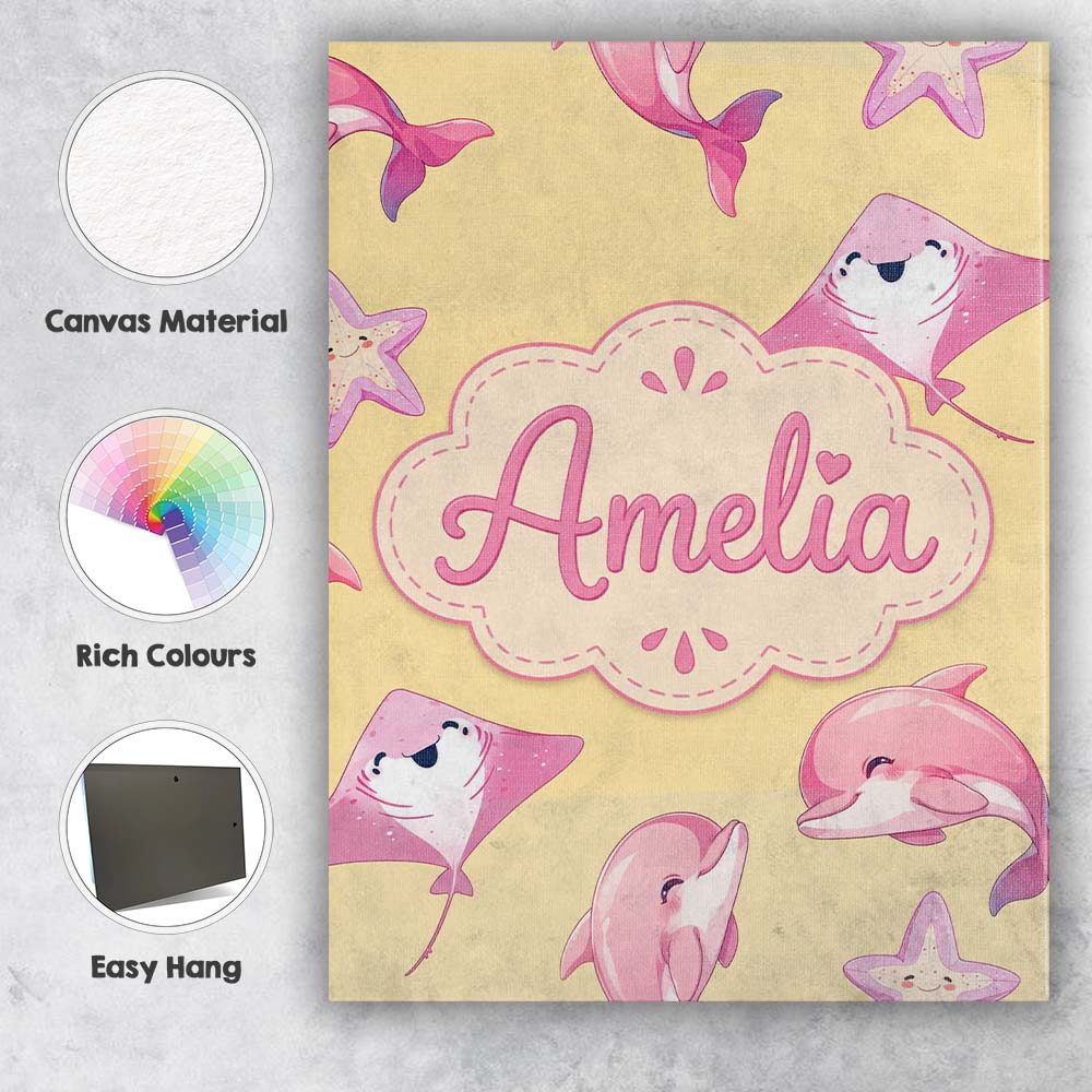 Personalised Name Cute Pink Dolphins and Custom Unique Gift Idea Elegant Feature Canvas Wall Art Print Decor Picture Ready to Hang