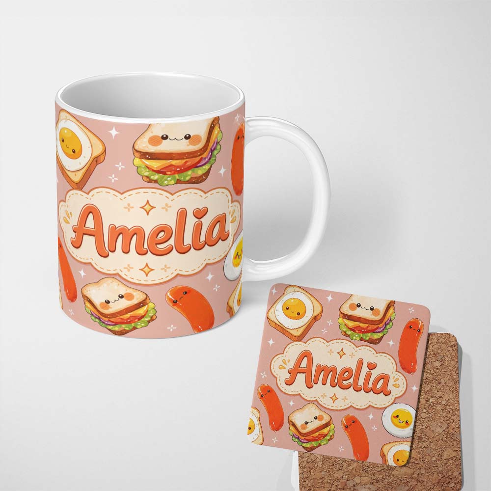 Personalized Custom Name Kawaii Breakfast Eggs Sausage and Sandwich Beige Seamless Pattern 11oz Ceramic Coffee Tea Mug White Large Handle