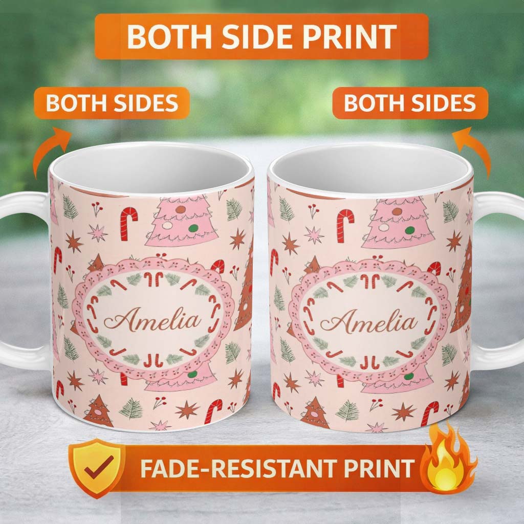 Personalized Custom Name Scandi Style Christmas Tree Candy Cane Seamless Pattern Lovely 11oz Ceramic Coffee Tea Mug White Large Handle