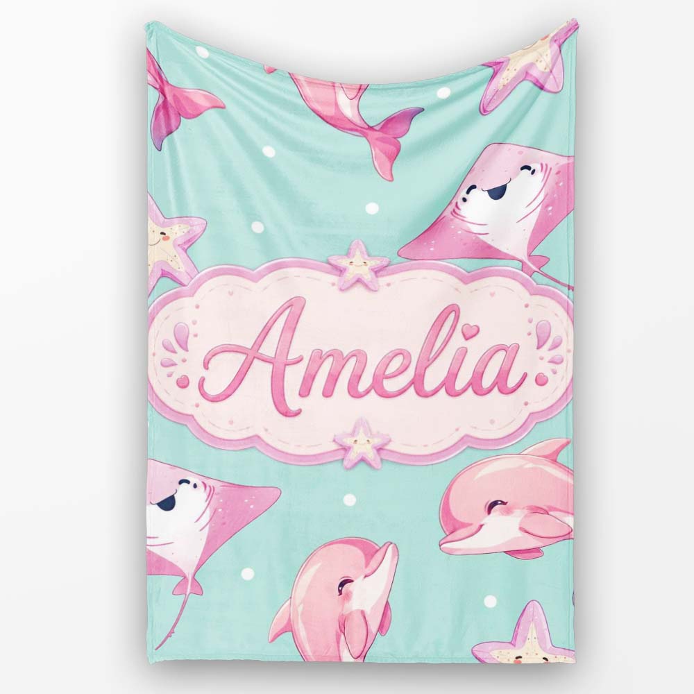 Cute Pink Dolphins and Starfish Ocean Mint Green Polka Dot Lovely Personalised Custom Name Super Soft Fleece Blanket Bed Sofa Throw