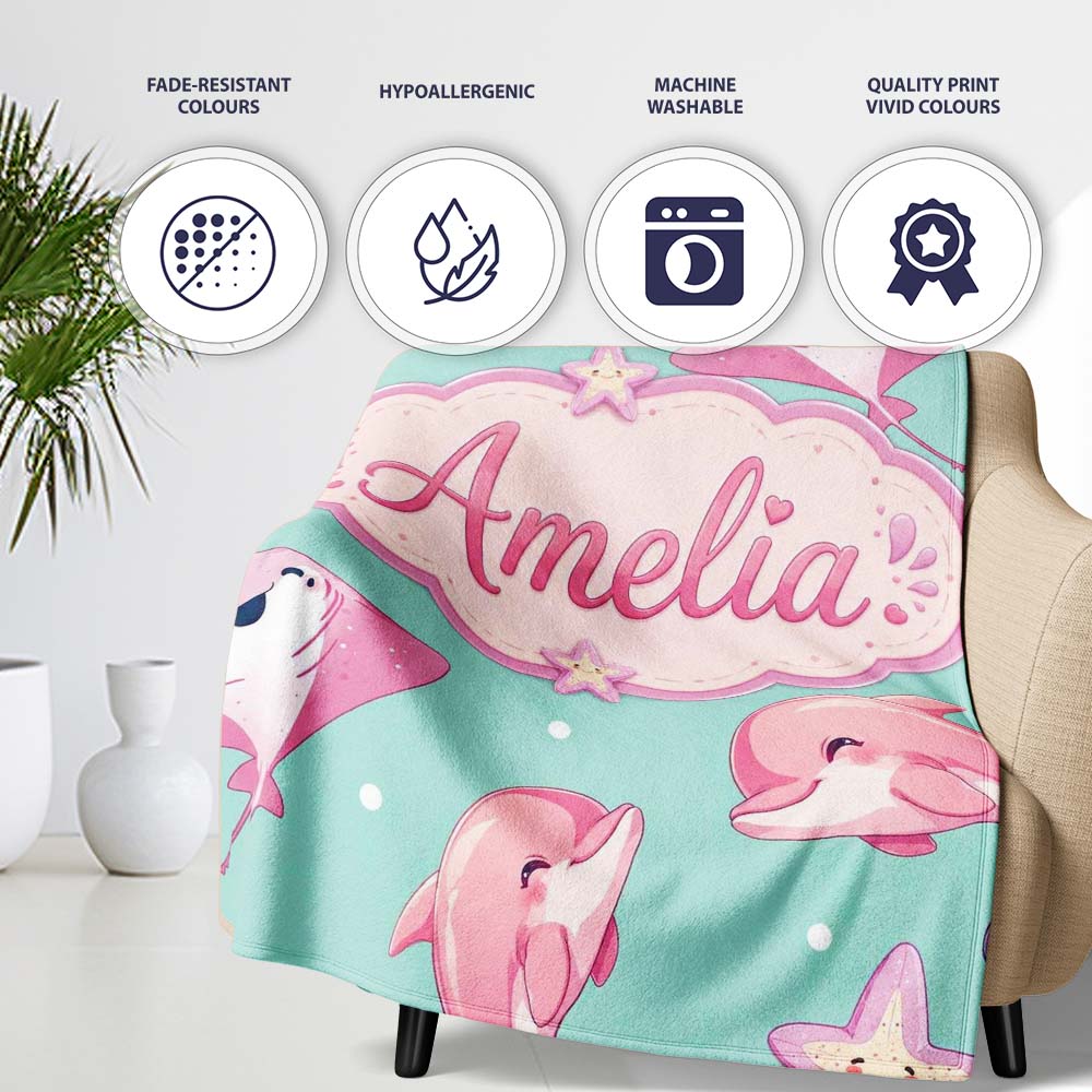 Cute Pink Dolphins and Starfish Ocean Mint Green Polka Dot Lovely Personalised Custom Name Super Soft Fleece Blanket Bed Sofa Throw