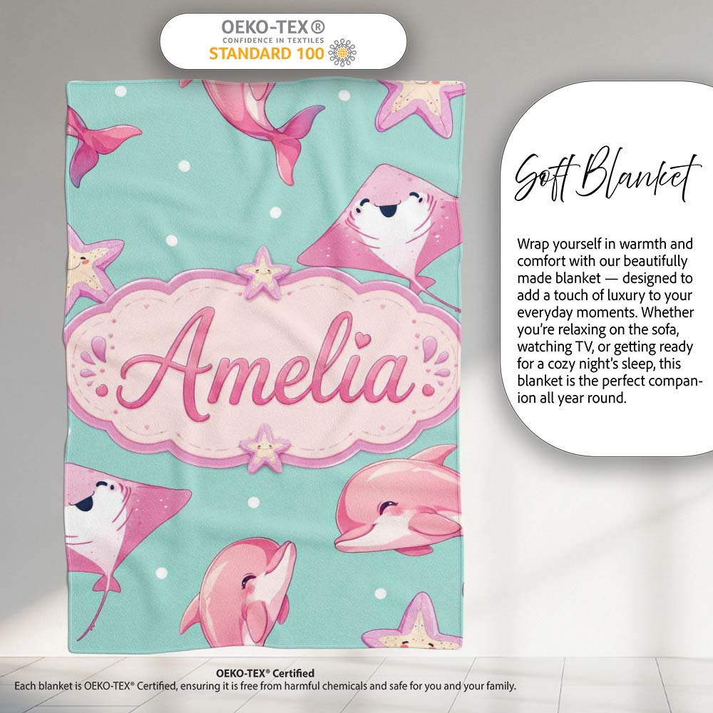 Cute Pink Dolphins and Starfish Ocean Mint Green Polka Dot Lovely Personalised Custom Name Super Soft Fleece Blanket Bed Sofa Throw