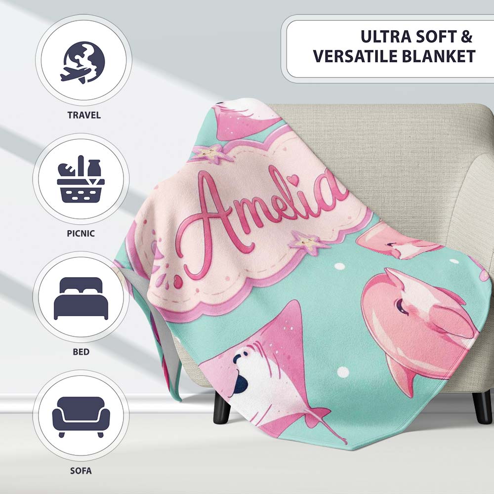 Cute Pink Dolphins and Starfish Ocean Mint Green Polka Dot Lovely Personalised Custom Name Super Soft Fleece Blanket Bed Sofa Throw