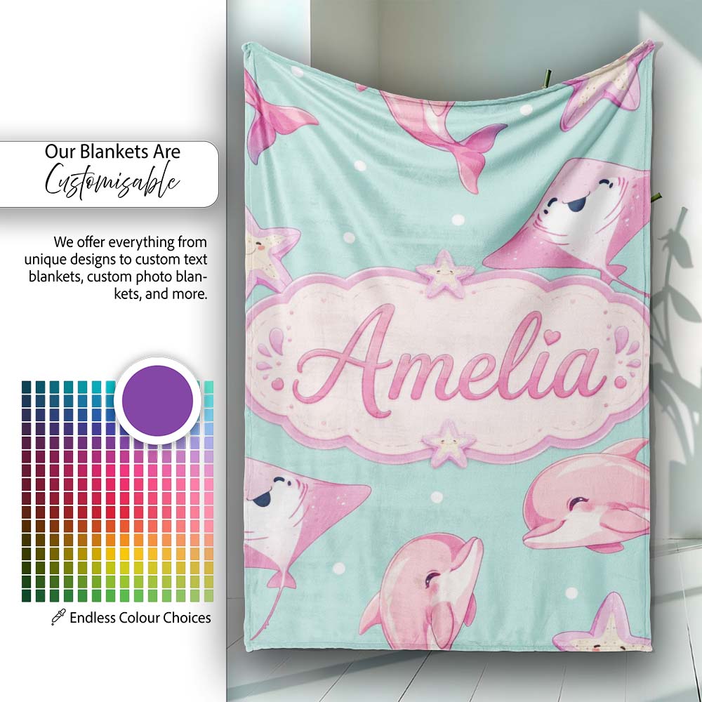 Cute Pink Dolphins and Starfish Ocean Mint Green Polka Dot Lovely Personalised Custom Name Super Soft Fleece Blanket Bed Sofa Throw