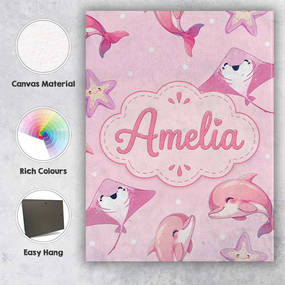 Personalised Name Cute Pink Dolphins and Custom Unique Gift Idea Elegant Feature Canvas Wall Art Print Decor Picture Ready to Hang