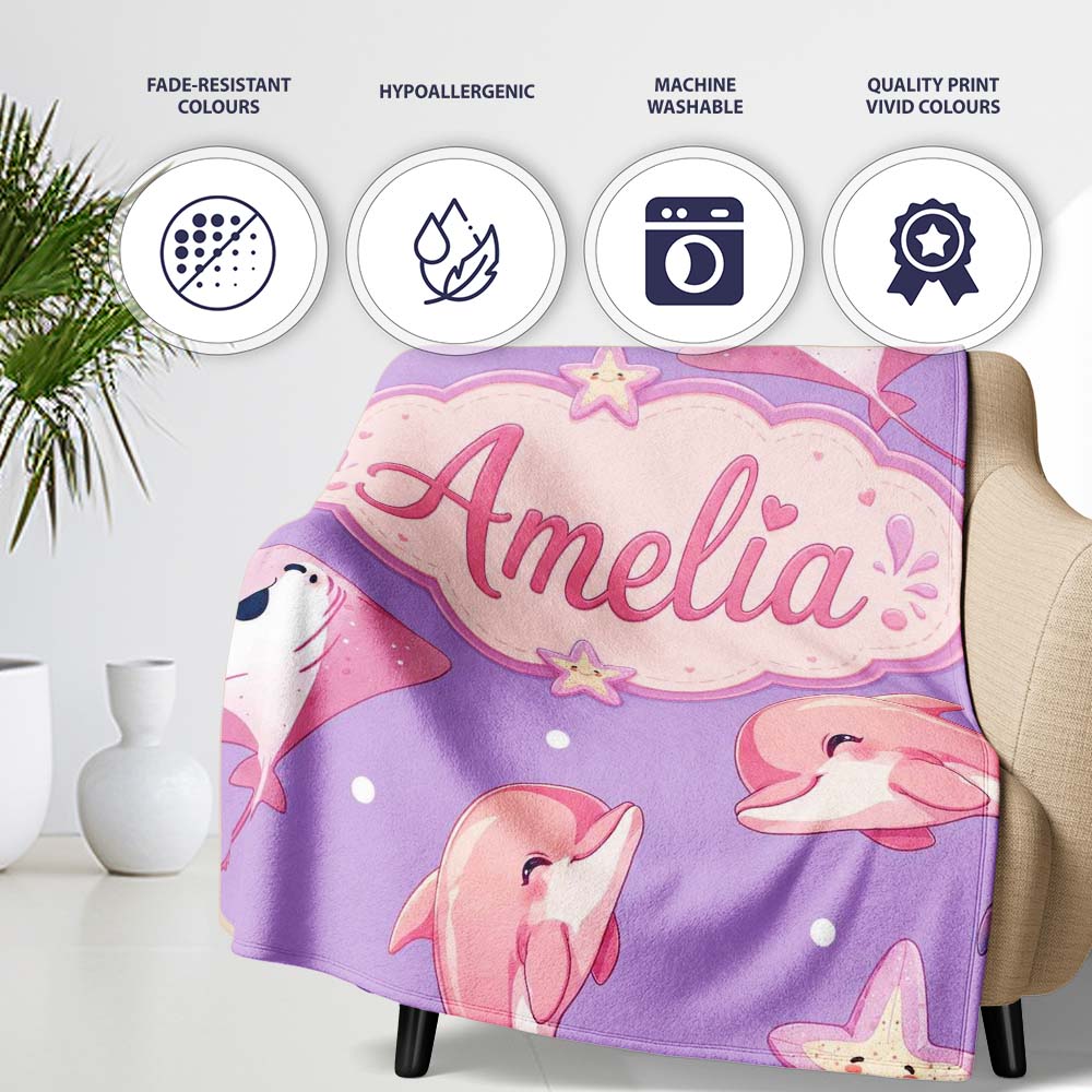 Cute Pink Dolphins and Starfish Seamless Ocean Pattern Purple Lovely Personalised Custom Name Super Soft Fleece Blanket Bed Sofa Throw