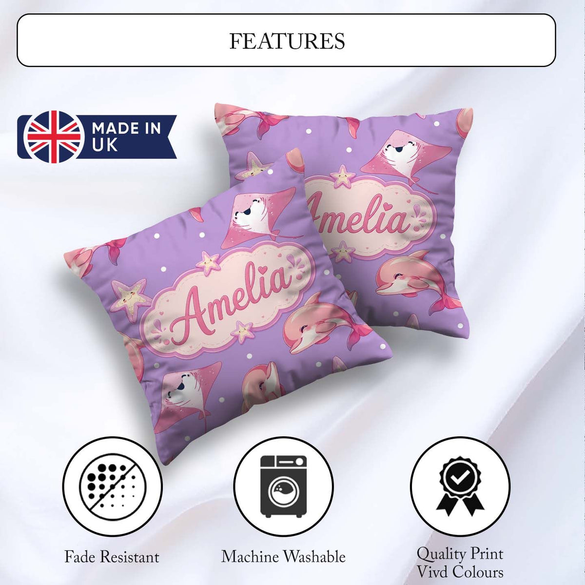 Custom Name Cute Pink Dolphins and Starfish Ocean Pattern Purple Square Filled Cushion Throw Pillow Sofa Bed Home Decor Zip Washable UK Made