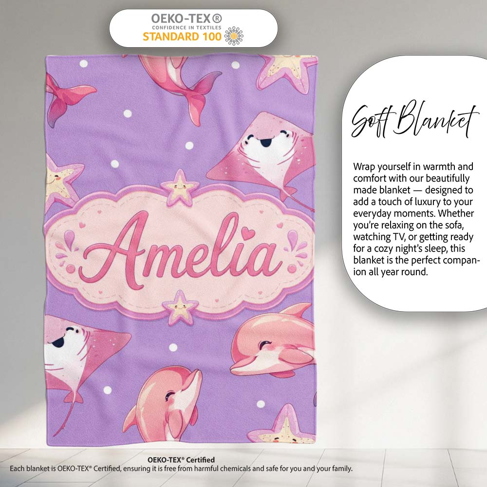 Cute Pink Dolphins and Starfish Seamless Ocean Pattern Purple Lovely Personalised Custom Name Super Soft Fleece Blanket Bed Sofa Throw