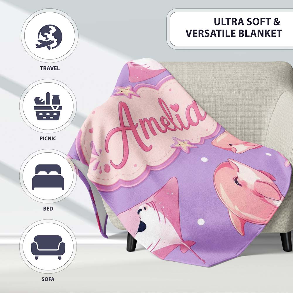 Cute Pink Dolphins and Starfish Seamless Ocean Pattern Purple Lovely Personalised Custom Name Super Soft Fleece Blanket Bed Sofa Throw