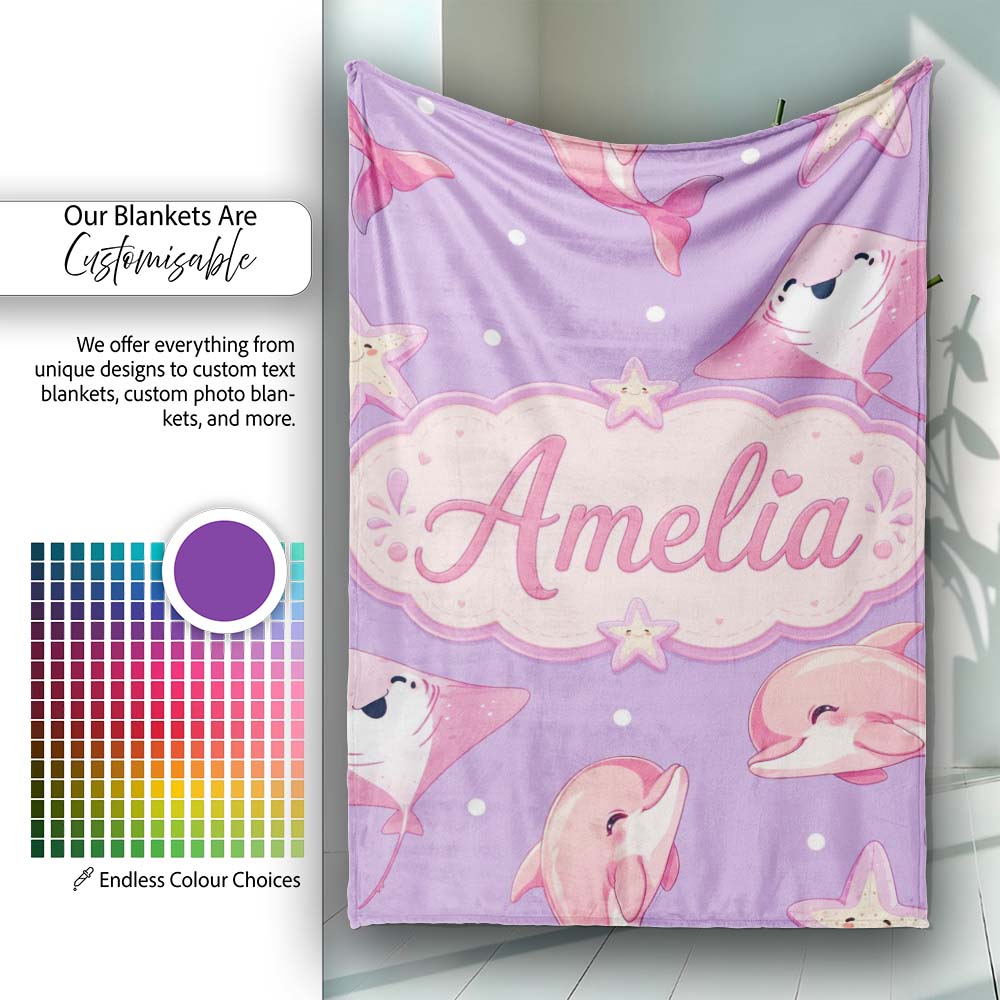 Cute Pink Dolphins and Starfish Seamless Ocean Pattern Purple Lovely Personalised Custom Name Super Soft Fleece Blanket Bed Sofa Throw