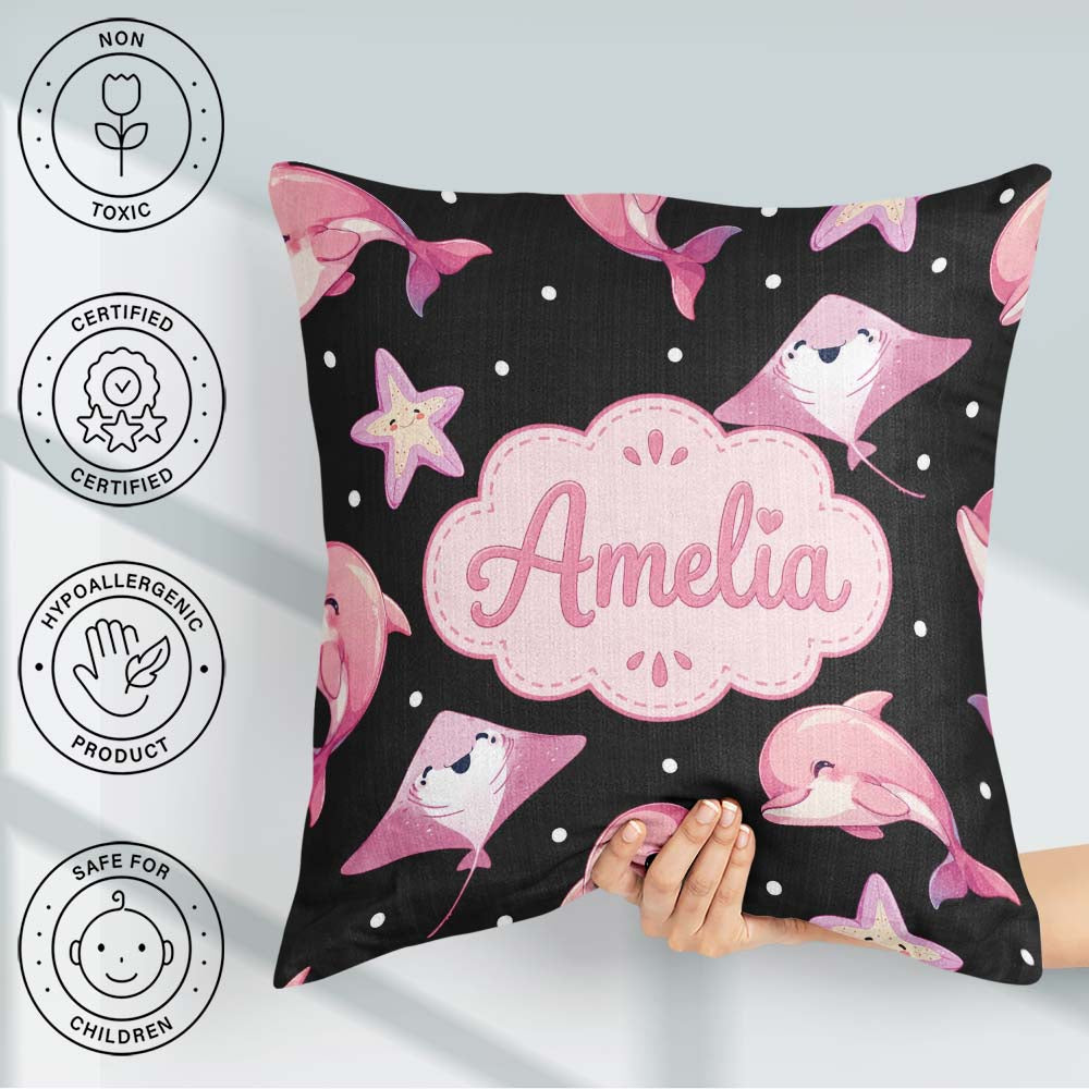 Custom Name Pink Dolphins and Starfish Seamless Ocean Light Grey Square Filled Cushion Throw Pillow Sofa Bed Home Decor Zip Washable UK Made