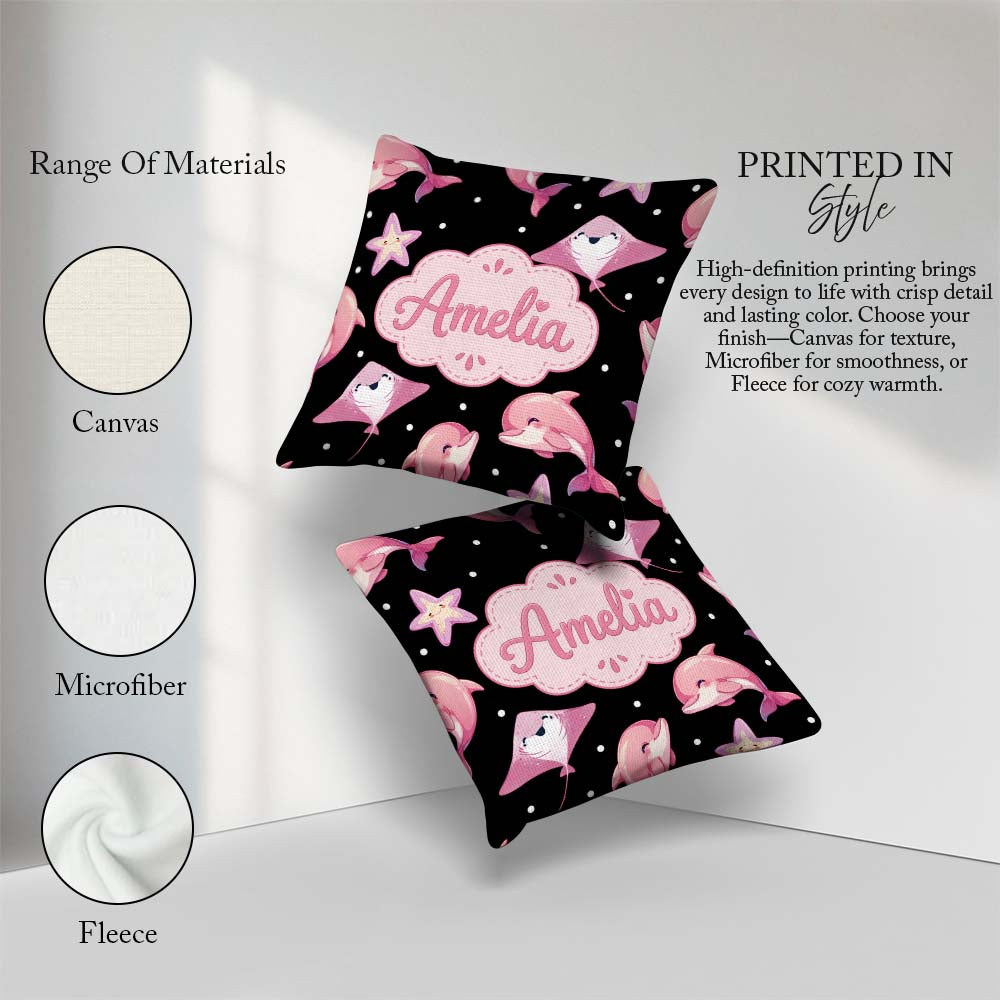 Custom Name Pink Dolphins and Starfish Seamless Ocean Light Grey Square Filled Cushion Throw Pillow Sofa Bed Home Decor Zip Washable UK Made