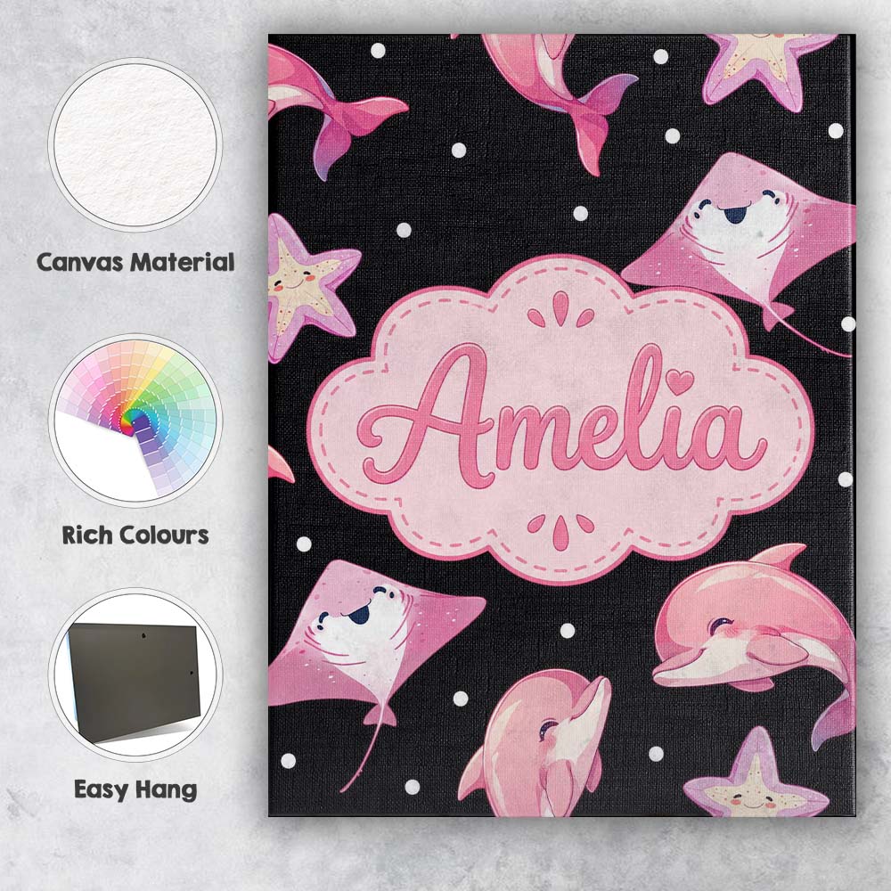 Personalised Name Cute Pink Dolphins and Custom Unique Gift Idea Elegant Feature Canvas Wall Art Print Decor Picture Ready to Hang