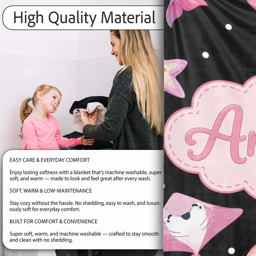Cute Pink Dolphins and Starfish Seamless Ocean Pattern Light Grey Personalised Custom Name Super Soft Fleece Blanket Bed Sofa Throw