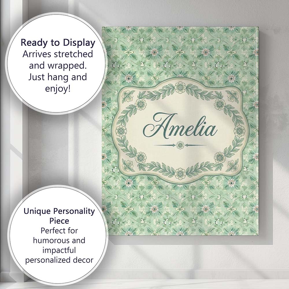 Personalised Name Elegant Green Floral Custom Unique Gift Idea Modern Room Accent Canvas Wall Art Print Decor Picture Ready to Hang