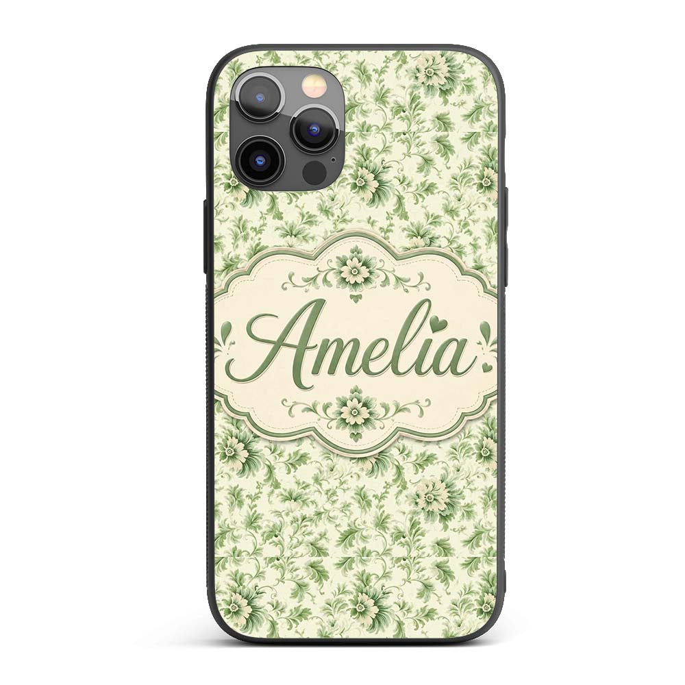 Classic Green Floral Damask Seamless Pattern Custom Name Protective Phone Case Mobile Cover Durable Everyday Smartphone Shock Resistant