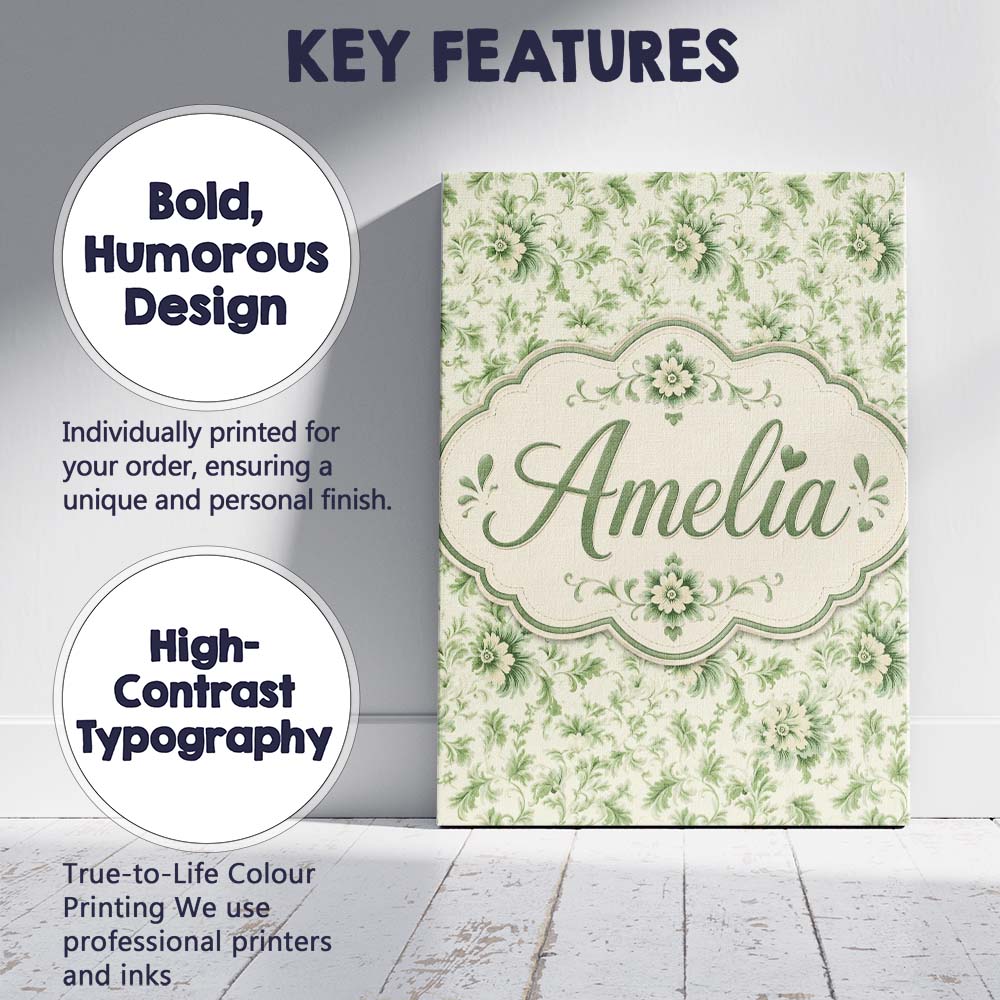 Personalised Name Classic Green Floral Custom Modern Room Accent Elegant Feature Canvas Wall Art Print Decor Picture Ready to Hang