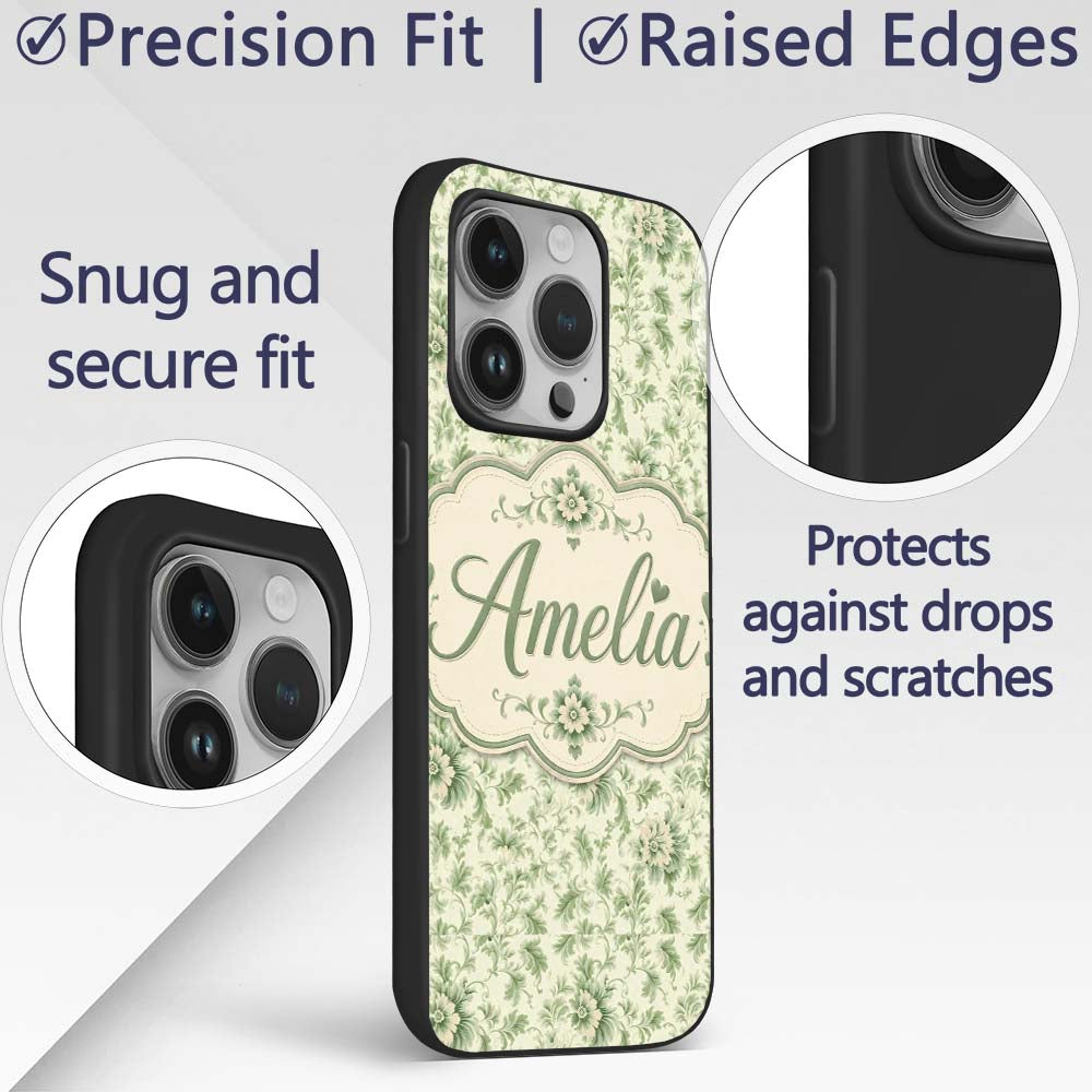 Classic Green Floral Damask Seamless Pattern Custom Name Protective Phone Case Mobile Cover Durable Everyday Smartphone Shock Resistant