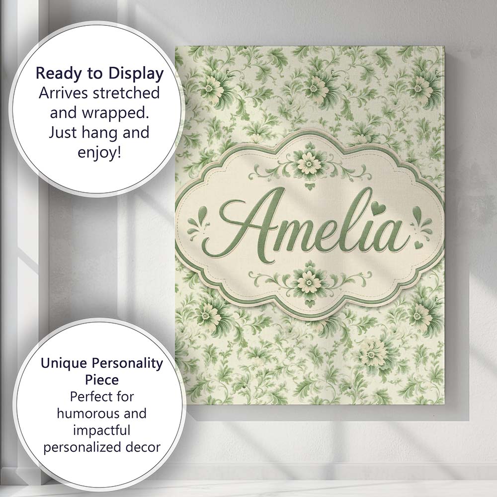 Personalised Name Classic Green Floral Custom Modern Room Accent Elegant Feature Canvas Wall Art Print Decor Picture Ready to Hang