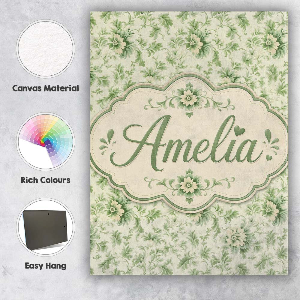 Personalised Name Classic Green Floral Custom Modern Room Accent Elegant Feature Canvas Wall Art Print Decor Picture Ready to Hang