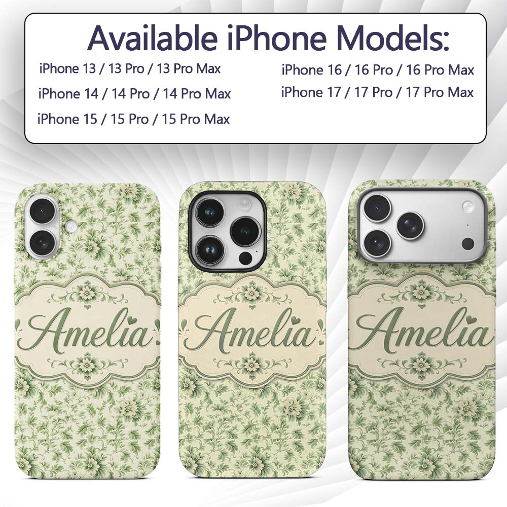 Classic Green Floral Damask Seamless Pattern Custom Name Protective Phone Case Mobile Cover Durable Everyday Smartphone Shock Resistant