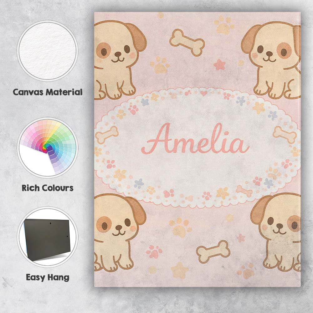 Personalised Name Cute Puppy Dog Cartoon Animal Pattern Thoughtful Custom Unique Canvas Wall Art Print Decor Picture Ready to Hang
