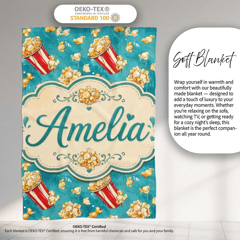 Popcorn Buckets and Kernels Fun Snack Seamless Pattern Teal Lovely Personalised Custom Name Super Soft Fleece Blanket Bed Sofa Throw