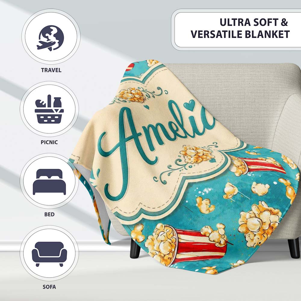 Popcorn Buckets and Kernels Fun Snack Seamless Pattern Teal Lovely Personalised Custom Name Super Soft Fleece Blanket Bed Sofa Throw