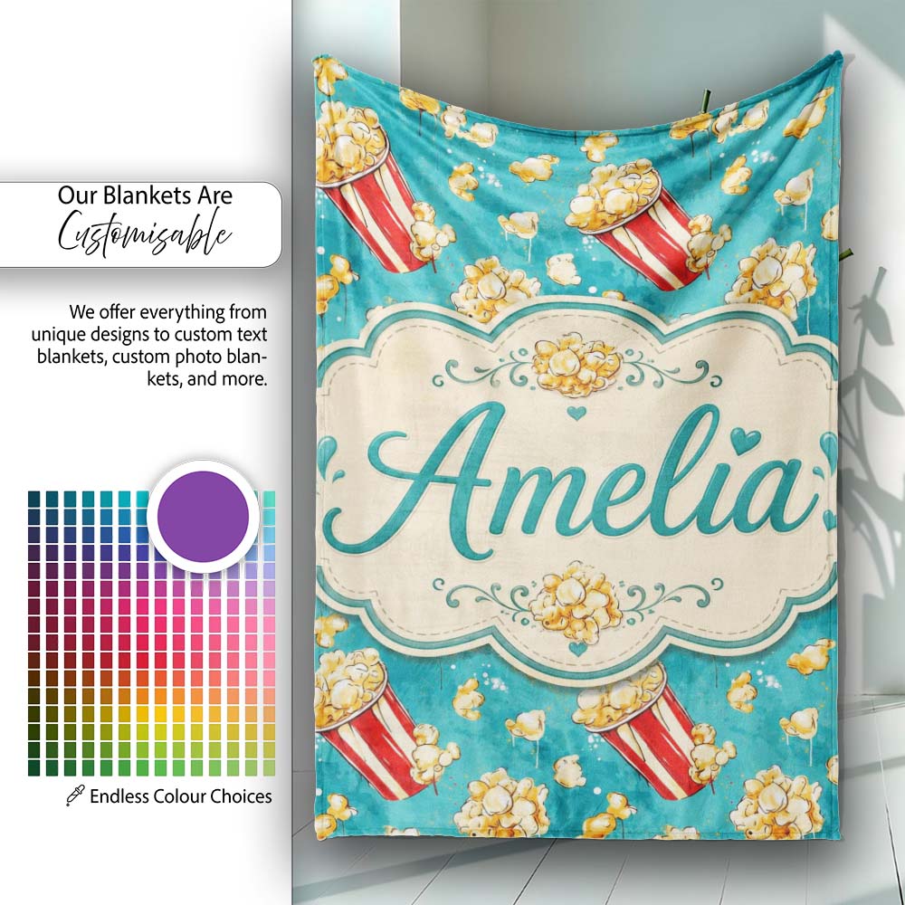 Popcorn Buckets and Kernels Fun Snack Seamless Pattern Teal Lovely Personalised Custom Name Super Soft Fleece Blanket Bed Sofa Throw