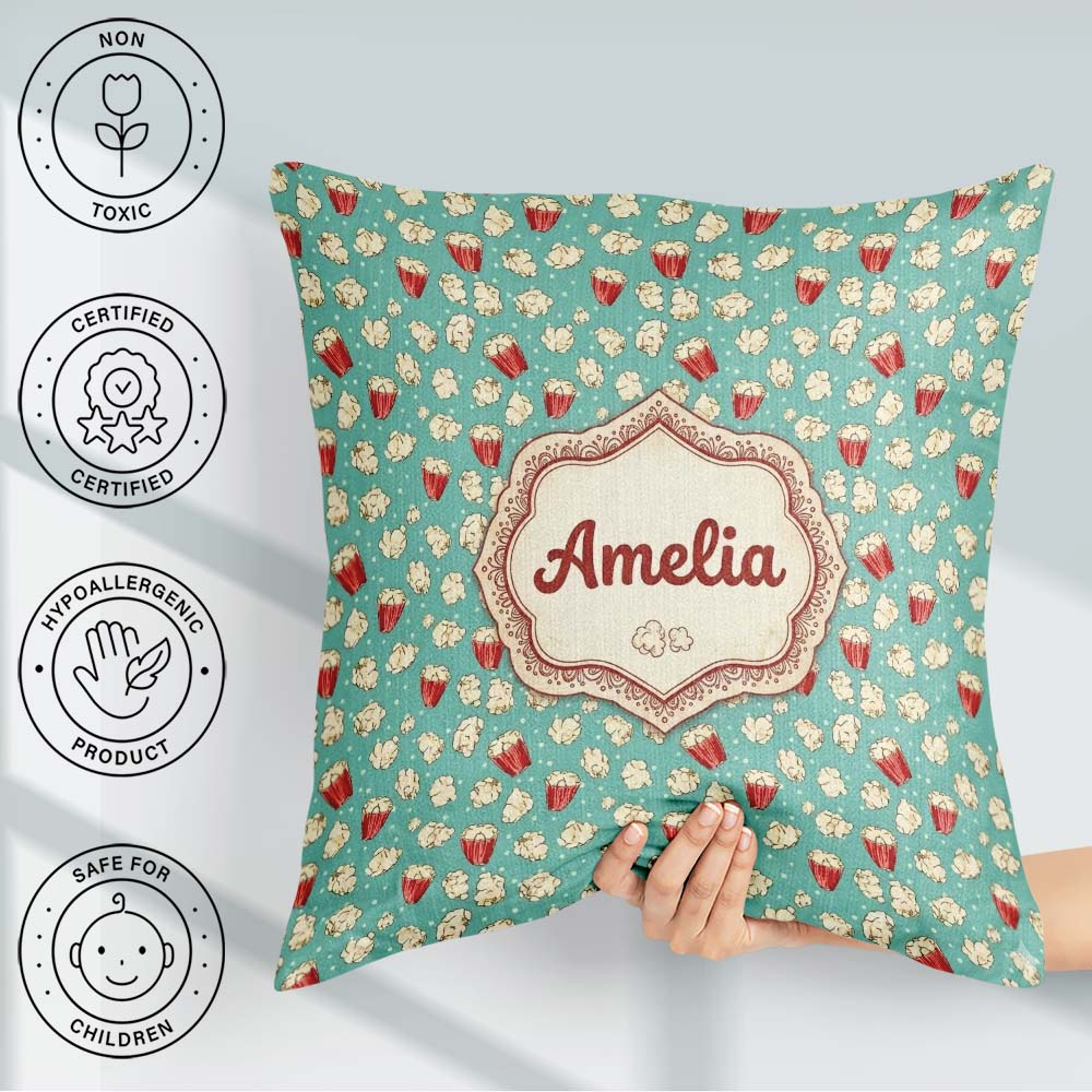 Custom Name Popcorn Buckets and Kernels on Teal Polka Background Square Filled Cushion Throw Pillow Sofa Bed Home Decor Zip Washable UK Made