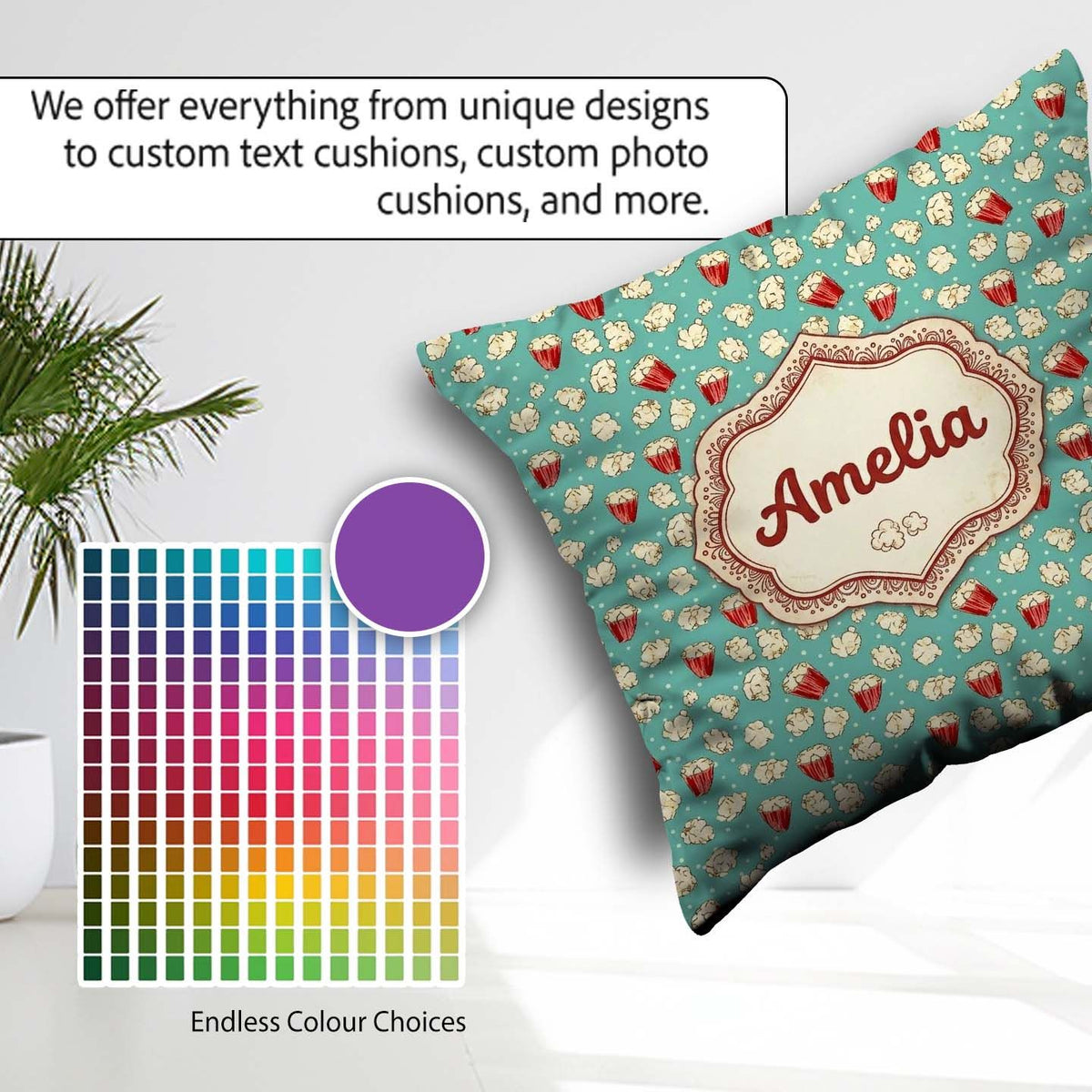 Custom Name Popcorn Buckets and Kernels on Teal Polka Background Square Filled Cushion Throw Pillow Sofa Bed Home Decor Zip Washable UK Made