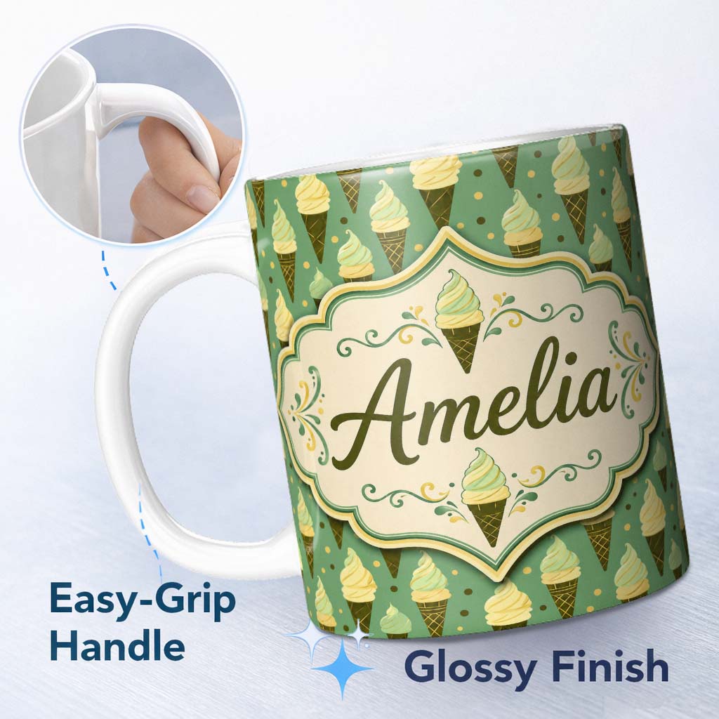 Personalized Custom Name Vintage Mint Green Ice Cream Cones Seamless Pattern Sweet Dessert 11oz Ceramic Coffee Tea Mug White Large Handle