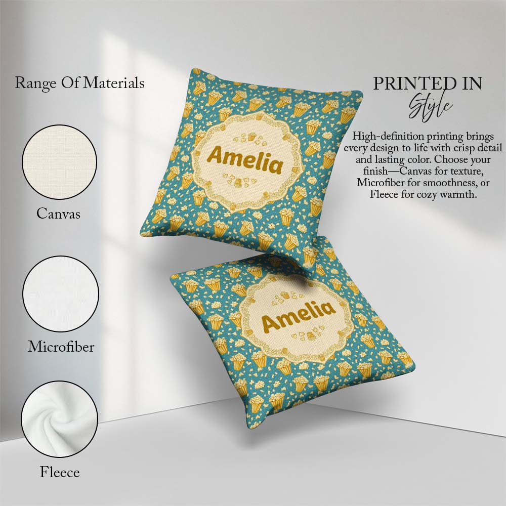 Custom Name Golden Popcorn Buckets and Scattered Kernels on Blue Square Filled Cushion Throw Pillow Sofa Bed Home Decor Zip Washable UK Made