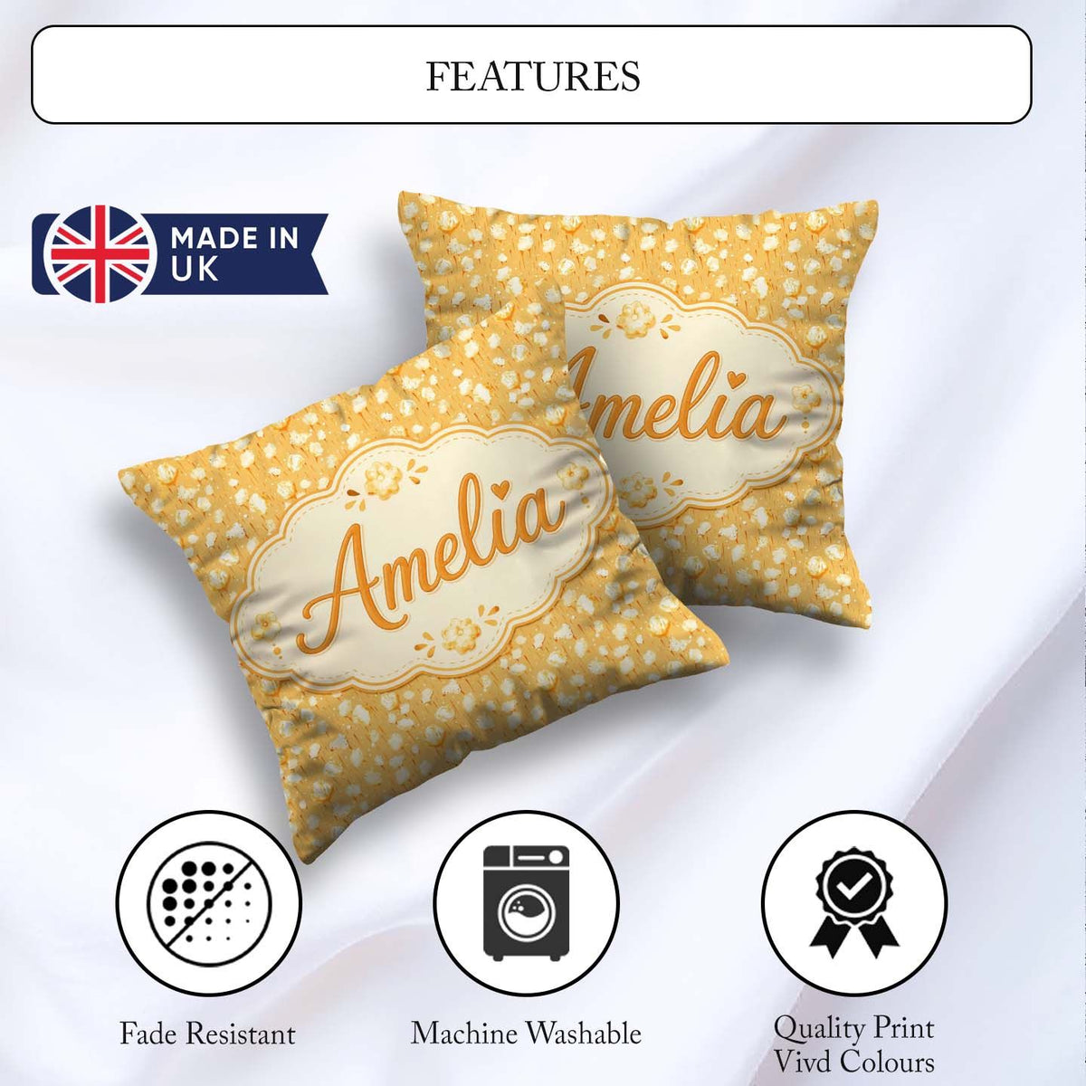 Custom Name Butter Popcorn Pieces on Warm Yellow Background Food Square Filled Cushion Throw Pillow Sofa Bed Home Decor Zip Washable UK Made